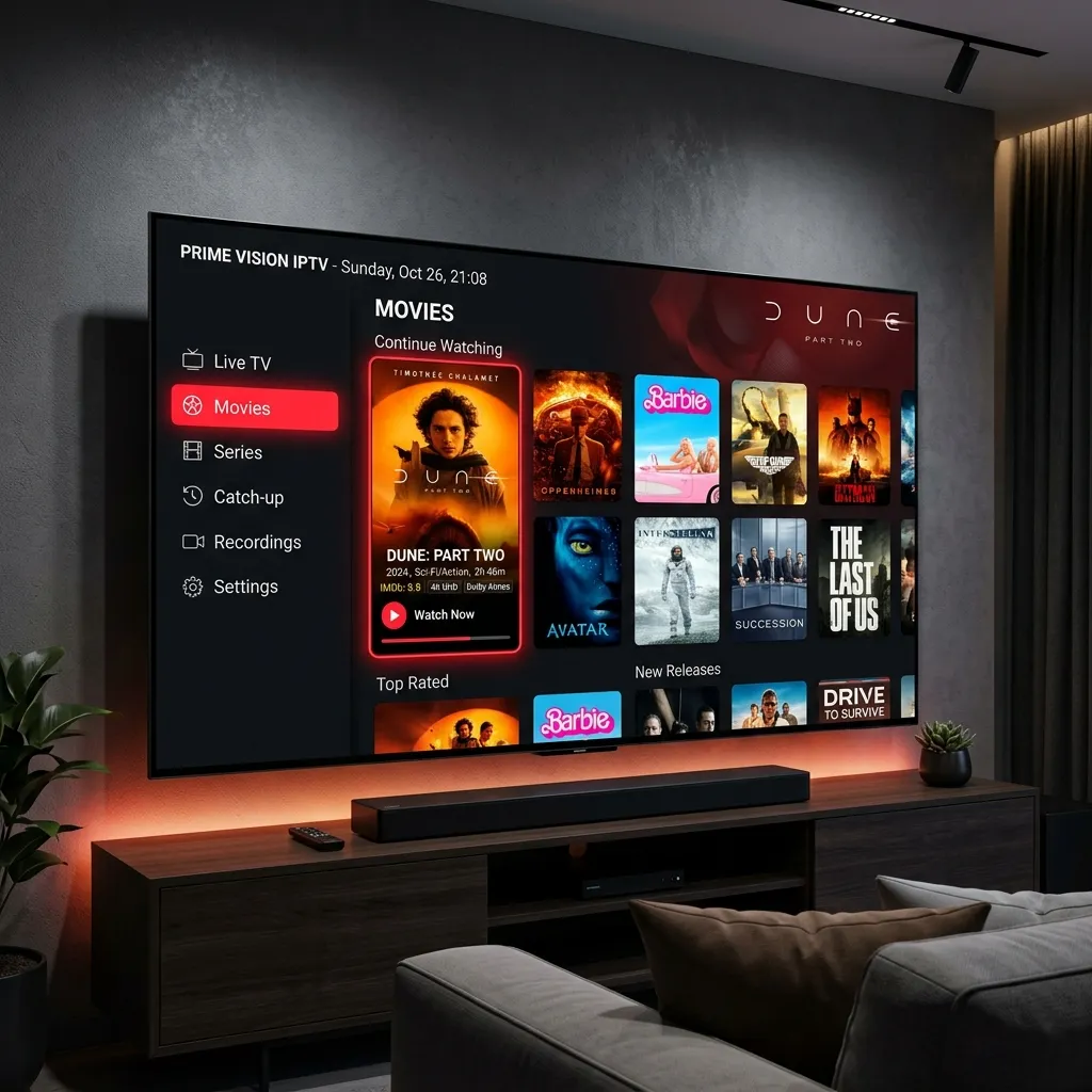Cola IPTV streaming interface on Smart TV screen showing movies, sports, and live TV channels